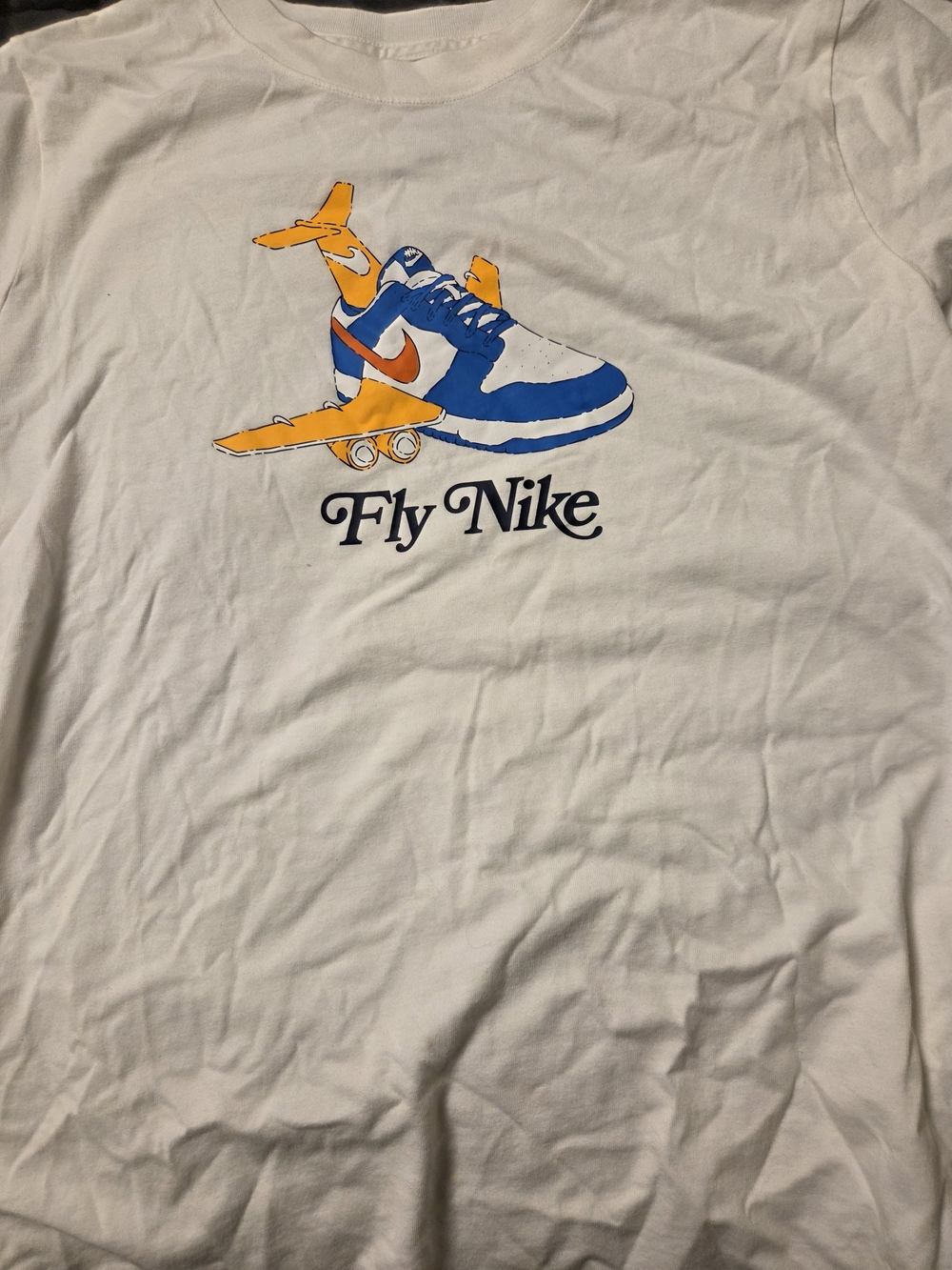 Nike Kids 'Fly Nike' Graphic Tee in White with Blue & Orange Artwork